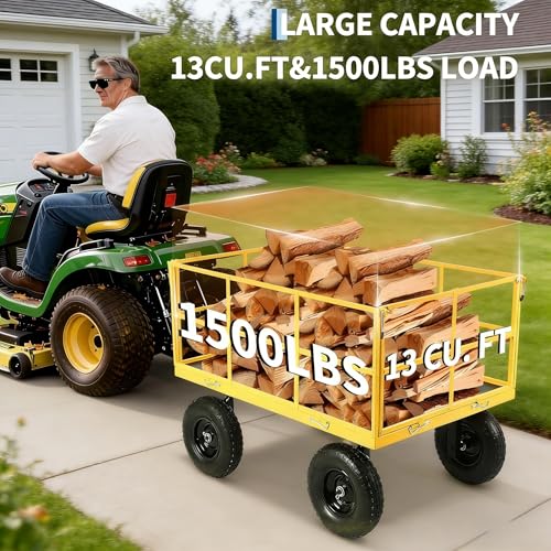 1500Lbs Mesh Steel Garden Cart, Heavy Duty Wagon Cart Wheelbarrow with Removable Sides, Folding Utility Wagon with Wheels for Gardening Soil, Tools and Plant Transport(Yellow) - color: Yellow