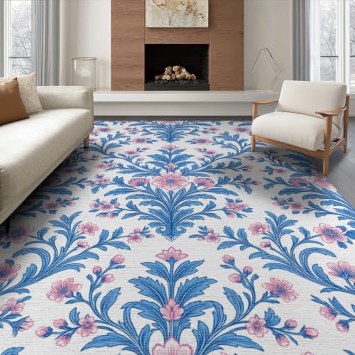 6'x9' Blue Pink Chinoiserie Toile Way Motif Washable Area Rug - color: Blue/Pattern 1, size: 6' x 9' (Rectangular)
