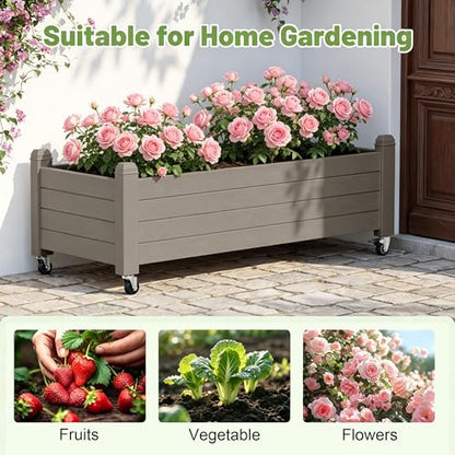 Raised Garden Bed with Wheels, Rolling Resin Planter Box, Gray - color: Gray, size: 13.3" H