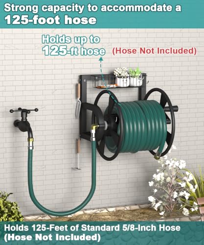 Artigarden Outdoor Wall Mounted Hose Reel with Hook, Garden Heavy-Duty Water Holder Winder with 3.9 ft Leader Hoses, Brass Fitting and Storage Basket for Yard, Holds 125 Ft of 5/8-Inch Hose, Black - color: Black