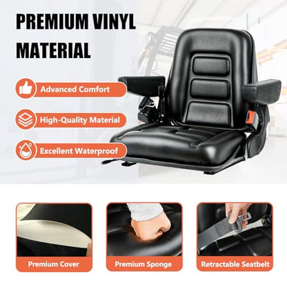 TICSEA Universal Forklift Seat, Tractor Seat with Adjustable Angle Back, Armrest And Safety Belt,for Tractor, Excavator Skid Loader Backhoe Dozer Telehandler