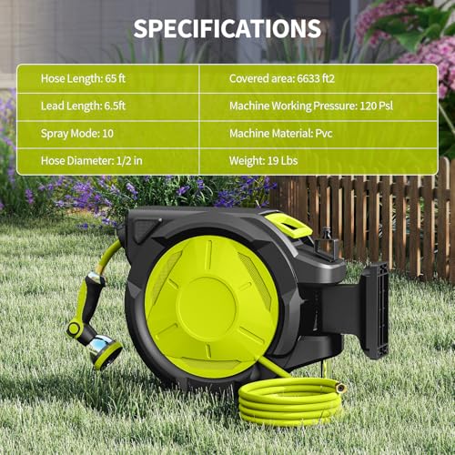 Retractable Garden Hose Reel 1/2 in x 50 ft Wall Mounted, Auto Rewind with Slow Return & Any-Length Lock, No Kink Tangle-Free, 3/4 in Brass Connector, 180° Swivel, Heavy Duty Hose Reel (65FT) - size: 65FT
