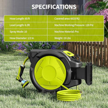 Retractable Garden Hose Reel 1/2 in x 50 ft Wall Mounted, Auto Rewind with Slow Return & Any-Length Lock, No Kink Tangle-Free, 3/4 in Brass Connector, 180° Swivel, Heavy Duty Hose Reel (65FT) - size: 65FT
