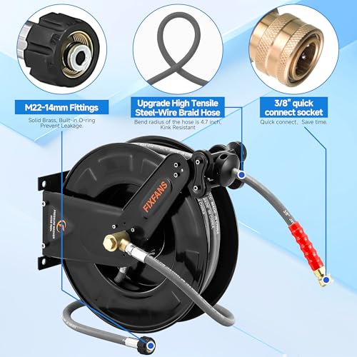FIXFANS Pressure Washer Hose Reel with Hose for Hot Cold Water, 3/8" X 50FT - size: 50 FT