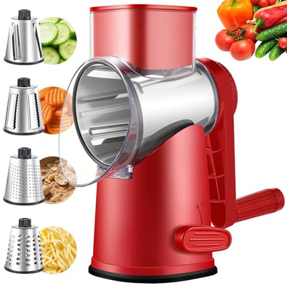 Weltonhm 4 in 1 Large Rotary Cheese Grater Hand Crank (red, 4 Graters) - color: Red, size: 4 Graters