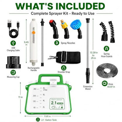 Battery Powered Garden Sprayer, 2.1 Gallon Electric Plant Sprayer with Rechargeable Handle, 3 Adjustable Nozzles, Telescopic Wand,Shoulder Strap,Portable Weed Sprayer for Lawn,Garden,Yard