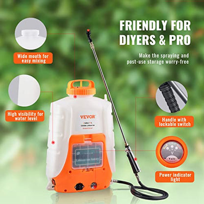 VEVOR Battery Powered Backpack Sprayer, 0-90 PSI Adjustable Pressure, 4 Gallon Tank, Back Pack Sprayer with 8 Nozzles and 2 Wands, 12V 8Ah Battery, Wide Mouth Lid for Weeding, Spraying, Cleaning - size: 4 Gal