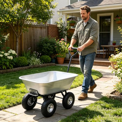 Garden Cart with 10'' Pneumatic Tires for Outdoor Folding Dump Cart with 55L Steel Frame Poly Tray 300LBS Capacity Heavy Duty Rolling Cart for Gardening Yard Work