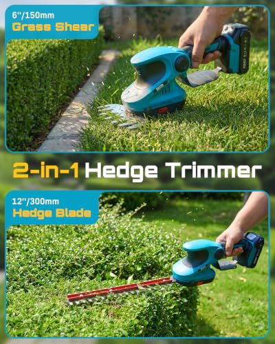 Seesii 2-in-1 20V Cordless Hedge Trimmer 12" & Grass Shear, 2 Batteries - color: Blue
