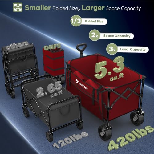 HIKEMOON 150L Collapsible Wagon Compact with Big Wheels, 420LBS Red - color: Burgundy