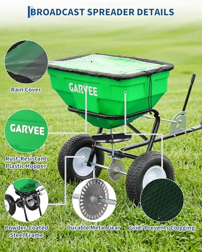 Tow Behind Broadcast Spreader, 125L, 30 Settings, 9.8 ft Spread, Green - color: Green