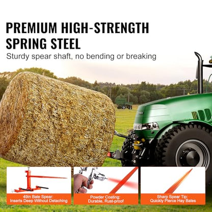 Happybuy 49" Hay Spear, 1600lbs Capacity, Three-Point Hitch Attachment with 2 Stabilizer Spears, Quick Attach Forks