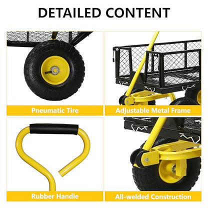 Steel Garden Cart, 2-in-1 Heavy Duty Utility Wagon 900 LBS Capacity Carts with Removable Mesh Sides to Convert into Flatbed, 240° U-Turn 10" Pneumatic Tires Garden Wagon for Lawn Camping Farm Yard - color: Yellow