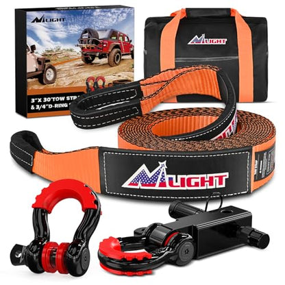 Nilight 3" x30' Tow Strap Kit 2" Receiver 3/4" Anti-Theft D-Ring Shackles - color: 30ft Tow Strap +D-Ring Shackle +Hitch