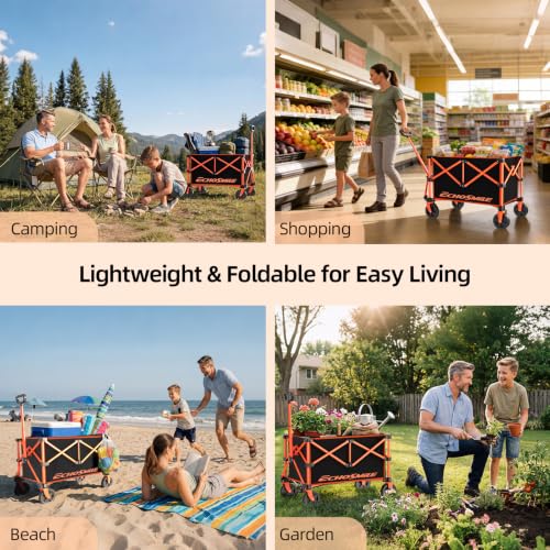 EchoSmile Light Collapsible Wagon Cart, Foldable for Camping, Black&Orange - color: Black&orange