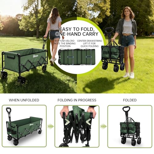 34" Extra Long Collapsible Wagon Cart, 480LBS Capacity, Army Green - color: Army Green