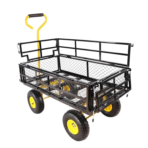 Heavy Duty Garden Wagon with Foldable Sides, Pneumatic Tires, Adjustable Handle (Yellow + Black Double Layer) - color: Yellow + Black Double Layer