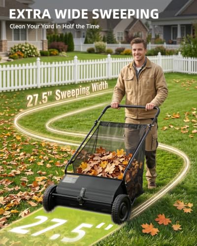 Push Lawn Sweeper, 27.5 in Yard Sweeper with 6 cu ft Bag - color: Black, size: 27.5 in