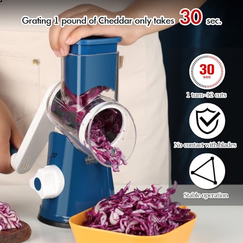 Ourokhome Rotary Cheese Grater Hand Crank, Kitchen Shredder Speed Mandolin Slicer Ice Shaver with Handle and Drum Blades for Cheese, Vegetable, Nuts, Chocolate, Potato, Carrot, 5 Blades, Dark Blue - color: C-Dark Blue, style: 5 blades