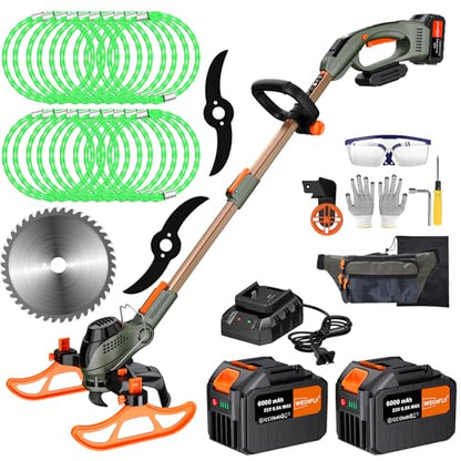 13" Electric Weed Wacker, 4 in 1 Cordless String Trimmer/Lawn Edger/Lawn Mower/Brush Cutter with Steel Gears, 2×21V 6.0Ah Batteries & Charger, 4.2 LBS Lightweight Grass Trimmer for Yard Garden