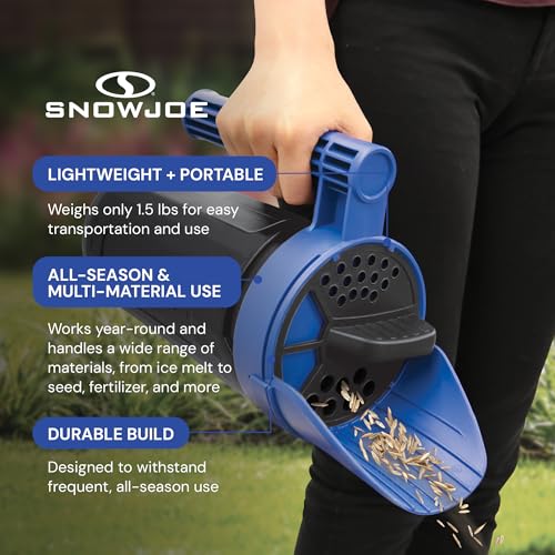 Snow Joe Salt Spreader Handheld - Ice Melt Spreader with 5 lb Capacity, Adjustable Dial Flow Control for Grass Seed, Fertilizer & More, SJSPD1
