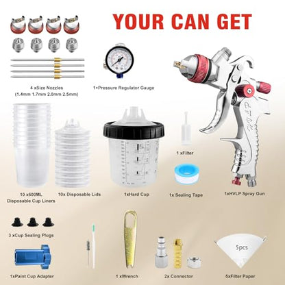 HVLP Spray Gun Kits, 1.4/1.7/2.0/2.5mm Nozzles with 650ml Mixing Cup & 10x Disposable Cups, Air Regulator, Paint Gun Automotive Gravity Feed Kit Cars Paint Gun, Furniture, Fence, DIY (Red) - color: Red