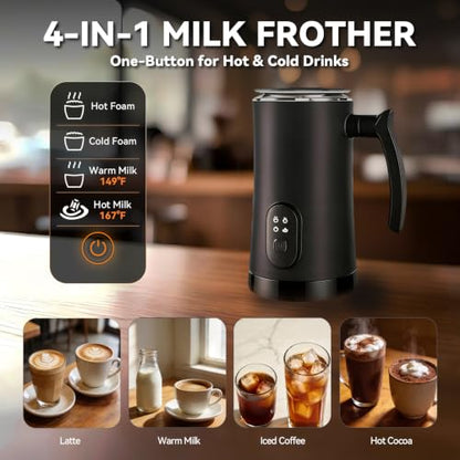Liksiy Milk Frother and Steamer, 4-in-1 Electric Milk Frother for Hot & Cold Foam, Quiet Coffee Frother and Milk Warmer for Latte, Cappuccino and Macchiato, Black