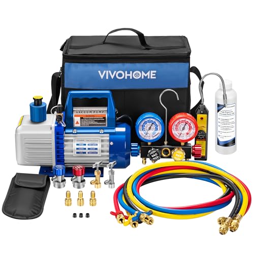 VIVOHOME Upgraded 1/3 HP 5 CFM 1 Stage AC Vacuum Pump and 4 Way Gauge Set | HVAC Vacuum Pump Kit with Leak Detector 5ft Hoses for R134a R410a R12 R22 R502 Car Automotive Mini Split AC Systems - color: blue, size: 5CFM