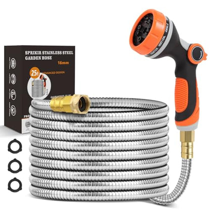 Metal Garden Hose 25ft Copper Bullet, Heavy Duty Stainless Steel Water Hose with 10 Function Sprayer Nozzle, Leaf-Proof Kink Free Lightweight for Outdoor,Yard,Lawn,Patio, Car - size: 25ft