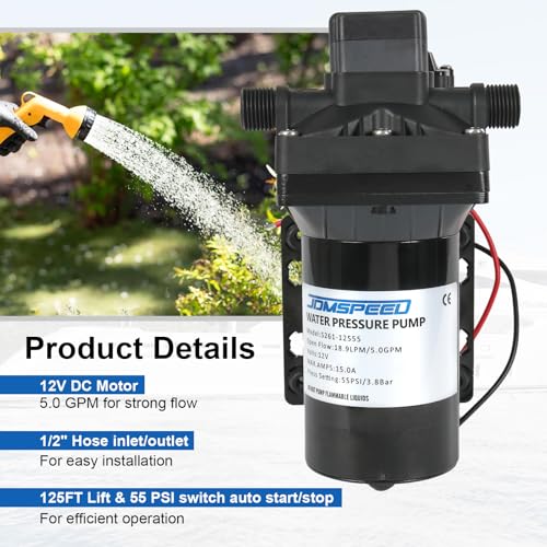 RV Water Pump, 12V DC 5.0 GPM 55 PSI, Self-Priming Diaphragm Pressure Pump - size: 5.0-12V-55