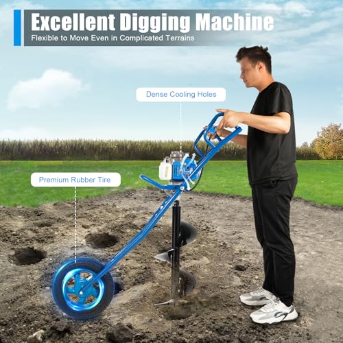63CC 2-Stroke Hand Push Post Hole Digger with Wheel, 12" Auger Bit - color: 63CC, Blue