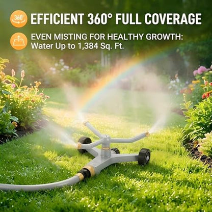 Ehajia 360° Rotating Lawn Sprinkler Heavy Duty Metal 3 Arm Wheeled Base - color: Silver