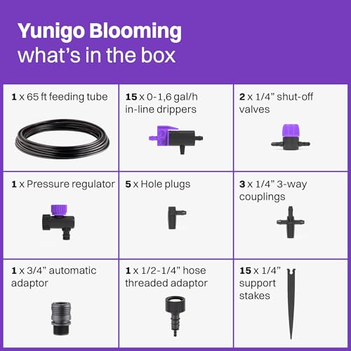 Blooming Micro Drip Irrigation Kit 65 ft – 15-Plant System for Container Gardens & Pots, Adjustable Drippers and Pressure Regulator Included, Easy Tool-Free Setup, UV-Resistant
