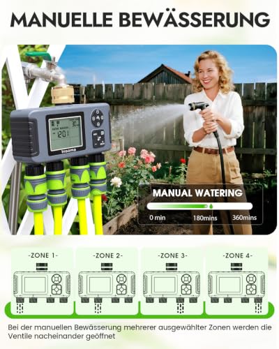 Insoma 4-Zone Water Timer with Brass Inlet, Automatic Garden Hose Timer with Manual/Rain Delay & Large Display, IPX5 Waterproof Faucet Timers for Sprinkler System, Yard, Lawn, Greenhouse - size: 4 Zone-Brass Inlet