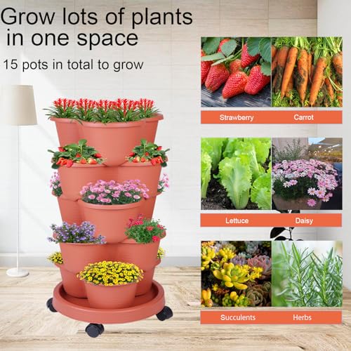 5-Tier Vertical Garden Tower Stackable Planter for Strawberries, Flowers, Vegetables & Herbs 2-Pack - color: Brown, size: 2 Pack