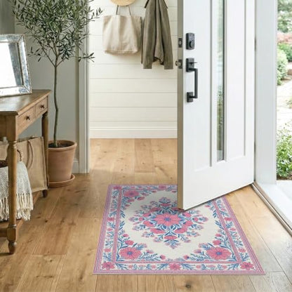 2'x3' Pink Toile Motif Way Flower Chinoiserie Washable Accent Rug - color: Pink/Pattern 17, size: 2' x 3' (Rectangular)