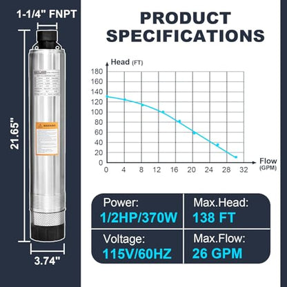 WASSERMANN 4" Septic Pump Submersible Effluent/Cistern Bottom Suction Pump with 33FT Cable,1/2HP,115V/60HZ,26GPM,138FT Head,Stainless Steel Deep Well Pump for Septic Tank Home - color: Black