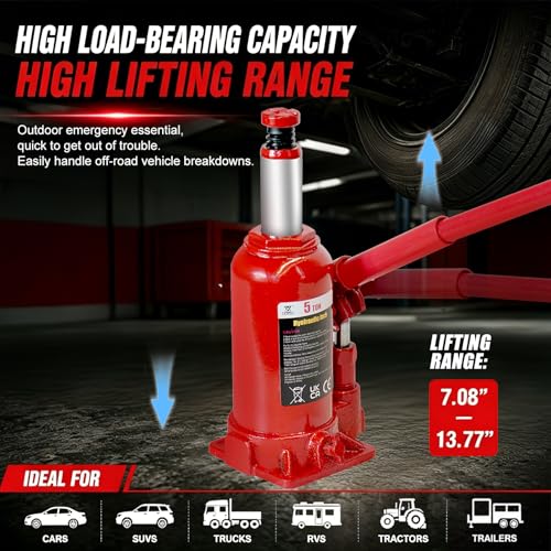 5 Ton Hydraulic Welded Bottle Jack, 8000 lb Capacity Automotive Lift Jack for Car, Pickup Truck, RV and Auto Repair, 7.3" to 14" Lifting Range