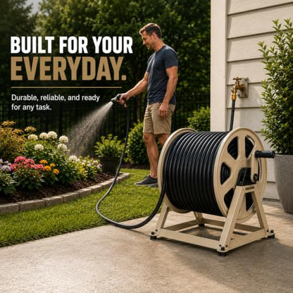 Dual Floor and Wall Mounted Garden Hose Reel, Holds 200ft of Water Hose, Heavy Duty Metal Hose Reel, Space Saving Hose Reel Organizer for Yard, Garage & Shed - color: Tan