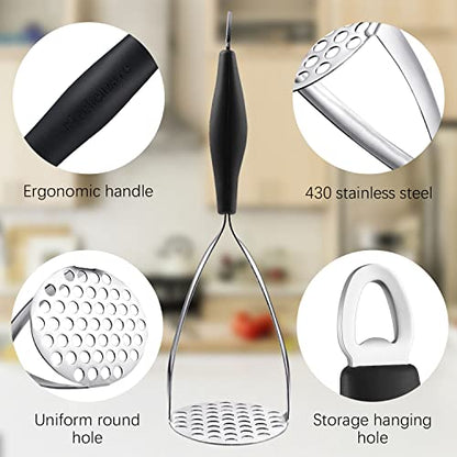 Joyoldelf Heavy Duty Stainless Steel Potato Masher with Potato Peelers, Masher Kitchen Tool & Food Masher/Potato Smasher with Silicone Handle, Perfect for Bean, Vegetable, Fruits, Avocado, Meat - color: Black+Peeler