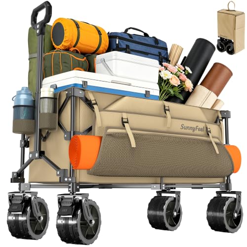 SUNNYFEEL 300L Collapsible Wagon Cart with Big Wheels, 550LBS, Khaki - color: Khaki