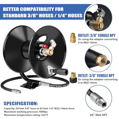 MEKOH Pressure Washer Hose Reel 50ftx3/8” / 65ftx1/4”, 4000PSI Heavy Duty Power Washer Hose Reel with M22-14 Fitting, Hand Crank Metal Reel with Wall/Trailer/Van Mount, Manual Hose Reel for Water