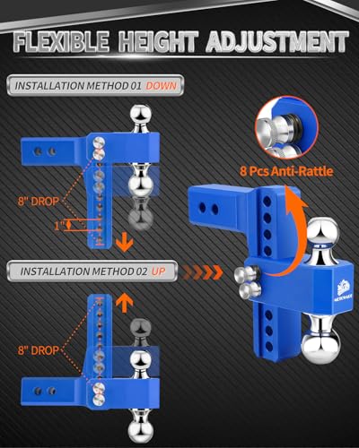 METOWARE Aluminum Adjustable Trailer Hitch, Fits 2.5'' Receiver, 8'' Drop - color: Blue, size: 8'' Drop