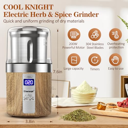 COOL KNIGHT Electric Herb Grinder Spcie Grinder with Timer & Removable Bowl
