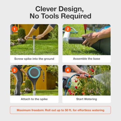 GARDENA Automatic Retractable Garden Hose Reel - 50 Feet - 360 Degree Swivel Outdoor Hose Reel with Metal Spike Base - Auto Retract - UV Resistant Housing - Easy Install No Tools Required - 18604 - size: 50 ft