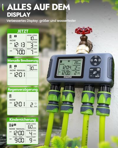 Insoma 4-Zone Water Timer with Brass Inlet, Automatic Garden Hose Timer with Manual/Rain Delay & Large Display, IPX5 Waterproof Faucet Timers for Sprinkler System, Yard, Lawn, Greenhouse - size: 4 Zone-Brass Inlet