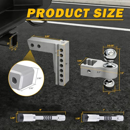 Aluminum Adjustable Trailer Hitch for 2-Inch Receiver 6 Inch Drop/Rise Hitch Ball Mount with 2" and 2-5/16" Ball Hitches Heavy Duty 12,500 LBS GTW Towing Hitch - color: Silver-6Inch