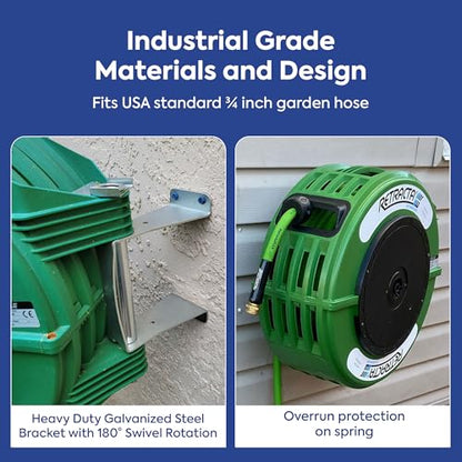 Macnaught Retractable Garden Hose Reel, 82 Ft Water Hose Reel Heavy Duty Retractable Hose with Metal 180° Swivel Rotation Bracket for Wall Mount - Green - color: Green, size: 82ft