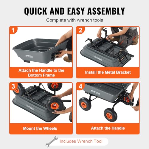 VEVOR Poly Garden Dump Cart 4 Cu.Ft. 600 lbs 4 Wheel Wheelbarrow Dump Wagon - color: Gray