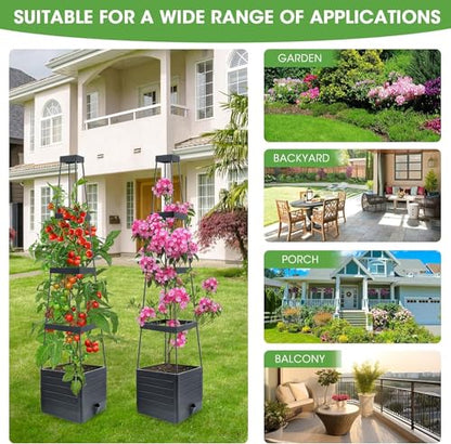 MYMULIKE Raised Garden Bed 4 Packs, Planter Boxes with Trellis 58.3'' Tomato Planters for Climbing Vine Vegetables Flowers Plants Self Watering Tomatoes Cage for Outdoor Patio Greenhouse
